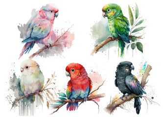 Fototapeta premium Safari Animal set parrots of different colors on a branch in watercolor style. Isolated vector illustration