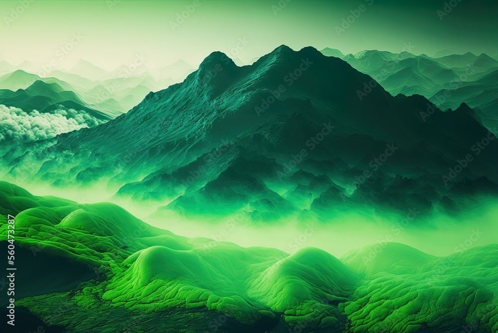 Aufkleber green mountains in the distance are shrouded in fog in this abstract scene. surface of the land that