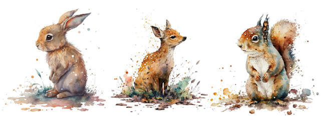 Safari Animal set small deer, hare and squirrel in watercolor style. Isolated vector illustration © Zaleman