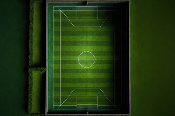 View from above of artificial green grass on a football pitch. Design element empty space. Generative AI