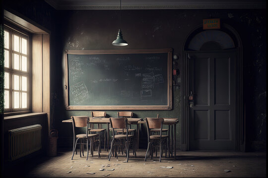 School closed Empty classroom with high chairs and empty blackboard. Generative AI