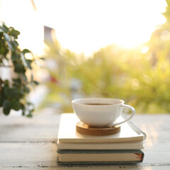 Coffee cup and notebook and plant pot on wooden table under sunlight
