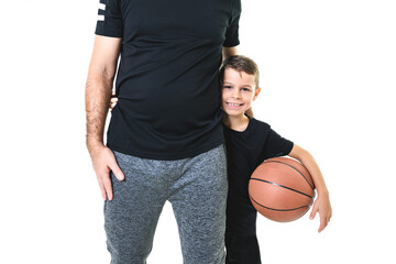 father and son playing basketball isolated on white background
