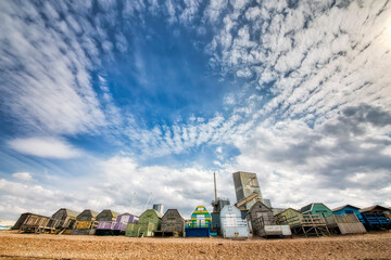 Colorful, Wooden Beach Huts in Whitstable, Kent, England - obrazy, fototapety, plakaty