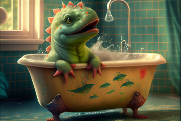 Cute dinosaur having a bath, ideal for kids stories and education, generative AI