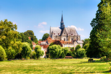 The Beautiful Village of Montresor, Loire, France, with St John the Baptist Collegiate Church - obrazy, fototapety, plakaty