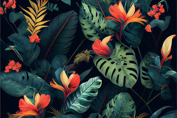 Tropical Hawaiian pattern with hibiscus flowers and lush vegetation ideal for exotic backgrounds, generative AI