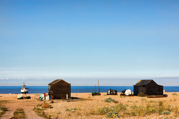 Boats, Huts, and Equipment on the Beach at the Dungeness Headland, Kent, England