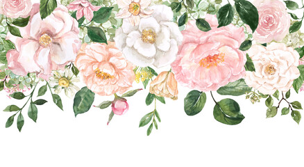 Spring floral border. Watercolor blush pink, creme, white flowers, and green leaf on white background. Botanical frame illustration.