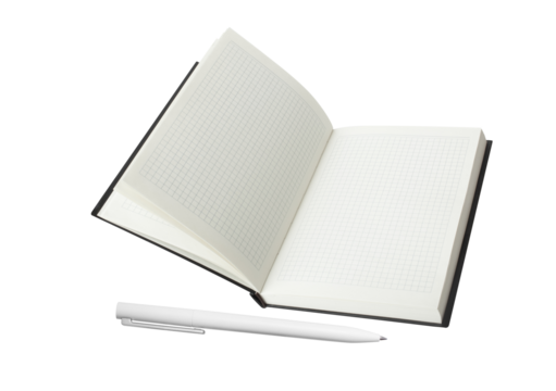 Empty Opened Notebook and white pen closeup on a transparent background