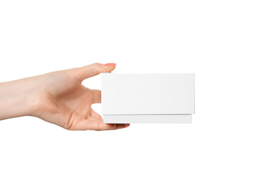 Woman's hand with a white box, no inscriptions, isolate on a white background.