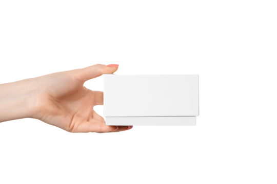 Woman's hand with a white box, no inscriptions, isolate on a white background.