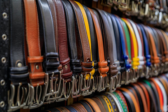 Colorful leather goods, selection of belts on display at a street shop in Central Market Mercato Centrale in Florence, Italy - Powered by Adobe