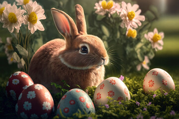 Easter A cute bunny holds decorated eggs in a sunny garden. Generative AI