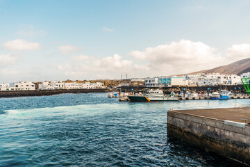 Port view in Orzola, taken from the ferry, Canary Island, Spain, Africa