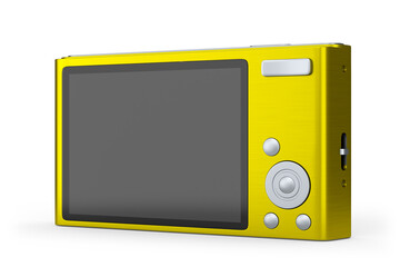Stylish yellow compact pocket digital camera isolated on white background