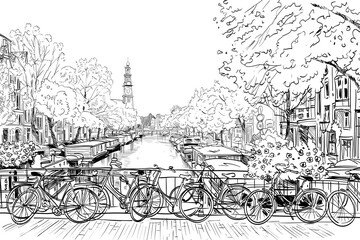 City drawing sketch. Holland. Netherlands. Hand drawn vector art illustration