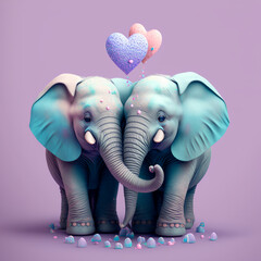 A cute couple, two little two baby elephants violet pastel and paint pastel elephant celebrating Valentine's Day.. Illustration. Generative AI.
