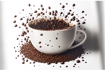 Obraz premium Coffee cup with coffee beans surrounding it, isolated on a white backdrop. Generative AI