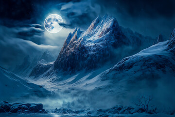 Snow-covered mountain slope on the night of the full moon. Amazing northern nature, winter natural background. Digital artwork	
