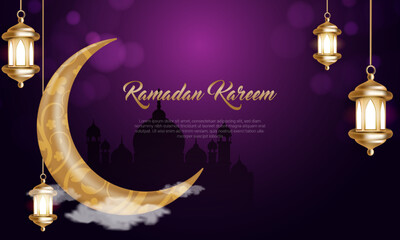 Ramadan kareem islamic greeting with golden shiny crescent moon and lanterns hanging in black silhouette mosque