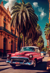 Vibrant illustration of American vintage car driving in Havana, Cuba in daylight. Colorful exotic retro Havana's streets make a magnigicent magical cityscape. - obrazy, fototapety, plakaty