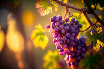 Branch with purple grapes on a spring grape tree on a blurred background of nature. Digital artwork