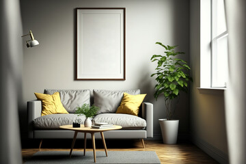 Poster frame mockup in modern interior background, generative ai