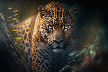 Close up beautiful leopard.  Dangerous predator in natural habitat.  Digital artwork
