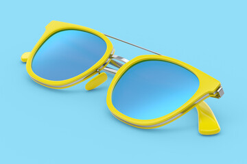 Realistic sunglasess with gradient lens and blue plastic frame on blue