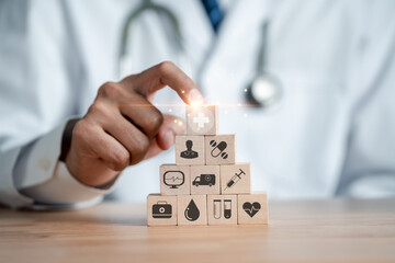 Health insurance concept. Doctor hand holding plus wooden block shape and healthcare medical icon,...