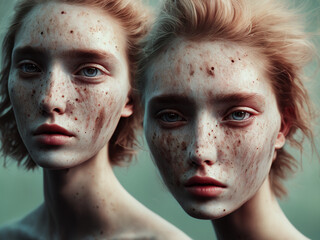 two young women with freckles, generated by generative ai