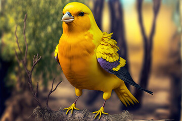 Little yellow parrot  on a branch in the forest. Digital art	
