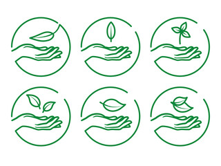 Collection of a hands holding a leaf of the plant. Eco friendly symbol. Illustration on transparent background