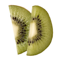 Two kiwi fruit slices isolated on white background closeup. Half of kiwi slice. Kiwifruit slice, ...