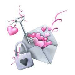 A gray paper envelope with pink hearts and ribbons, a lock and keys. Watercolor illustration. Composition from the VALENTINE'S DAY collection. For the design, decoration of postcards, posters, cards.