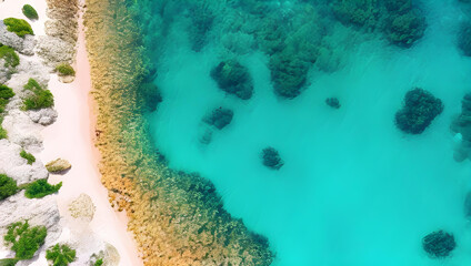 砂浜と珊瑚礁の風景　ドローン　空撮