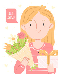 The concept of a Valentine's Day greeting card. A girl with a bouquet and a gift and lettering be mine. Cute vector illustration.