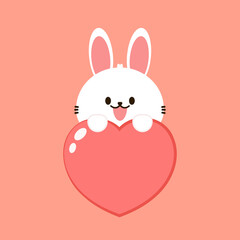 Valentine's day card with Kawaii bunny. Rabbit cartoon vector collection. Animal wildlife character. Small lovely rabbit holds love heart. Valentine's day illustration.