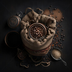 Coffee beans Ground coffee on a sack surrounded by more coffee beans on a wooden table hyperrealistic cinematic lighting website hero