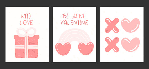 A set of three vertical cute Valentine's Day cards. Design concept of pink greeting cards with a gift, rainbow and xoxo. Vector love illustration.