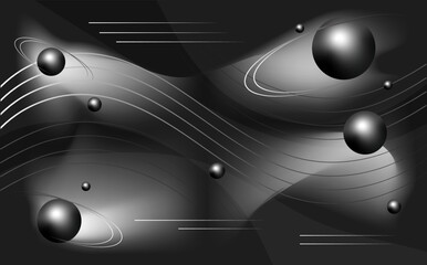 Elegant abstract black background with 3d spheres and circles. Outer space with waves, stripes, space for text. Minimal design for wallpaper, banner, post, poster, brochure, cover. Vector illustration
