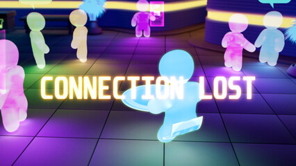 meta universe avatar of a user gets connection lost message - industrial 3D illustration