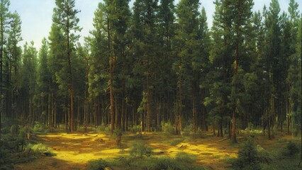 Fototapeta na wymiar Painting, spruce forest, painted with oil paints. 