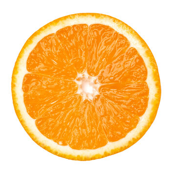 Orange fruit slice  isolated on white background closeup. Food background. Flat lay, top view.