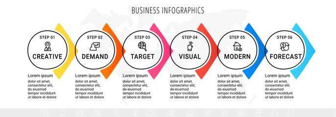 Vector business infographics template. Timeline with 6 circle, icon, arrow, steps, six number options. Can be used for workflow layout, diagram, chart, banner, web design. Modern illustration