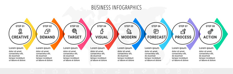 Vector business infographics template. Timeline with eight circle, icon, arrow, steps, 8 number options. Can be used for workflow layout, diagram, chart, banner, web design. Modern illustration