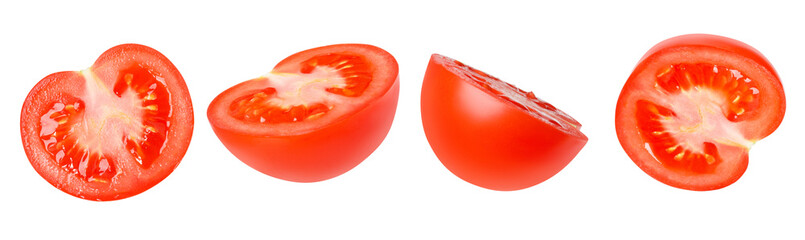A set of tomatoes cut in half from different angles. Isolated