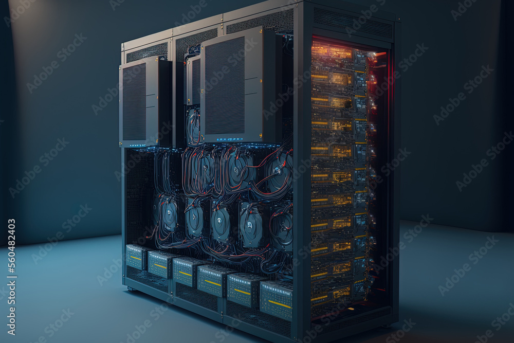Poster network security server room data center computer racks for mining cryptocurrency. generative ai