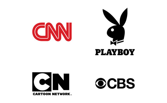 Collection Of Popular Media Logo. Playboy, CBS, CNN, Cartoon Network, Vector Icons On Isolated Background.